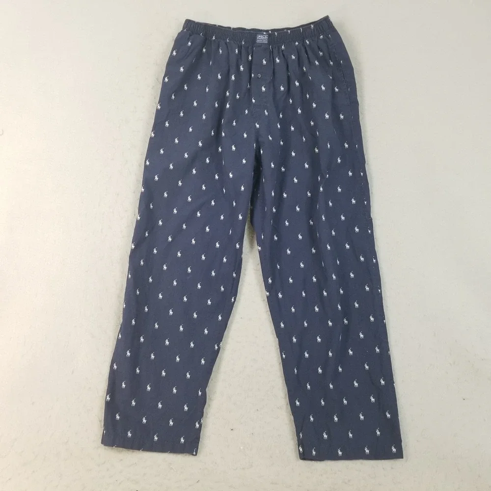 Polo Ralph Lauren Pajama Pants Mens L Blue Pony Print Cotton Sleepwear Bottoms